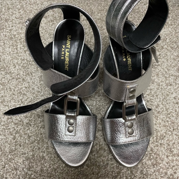 SAINT LAURENT Fetish Silver Metallic TStrap Cuff Ankle Strap Stiletto 36.5